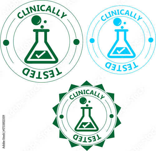 A set of three 'Clinically Tested' vector icons or badges in green and blue, featuring a laboratory flask with a checkmark.