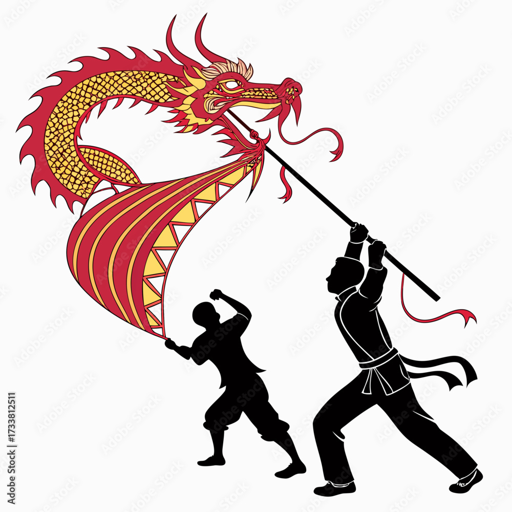 Fototapeta premium Chinese dragon dance silhouette with two performers