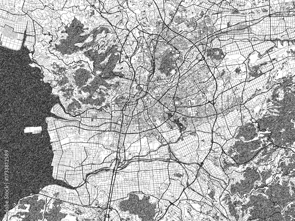 Naklejka premium Stylized decorative city map of Kumamoto, Japan, hand-drawn in black and white.
