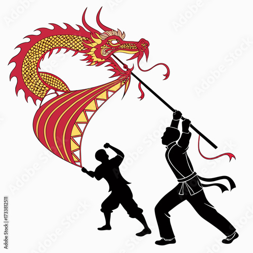 Chinese dragon dance silhouette with two performers