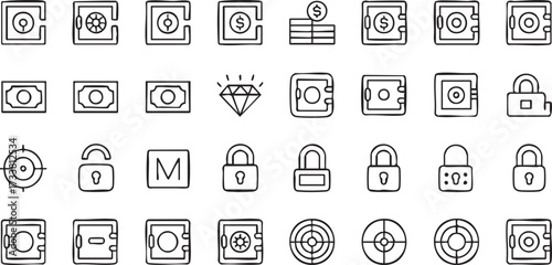 Finance security vector icons collection with safes locks cash and privacy protection illustrations