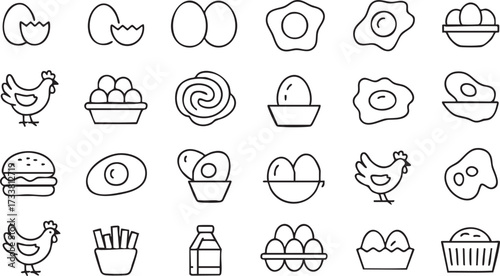 Organic egg icons set with line drawings of cooking nutrition protein and farm fresh illustrations