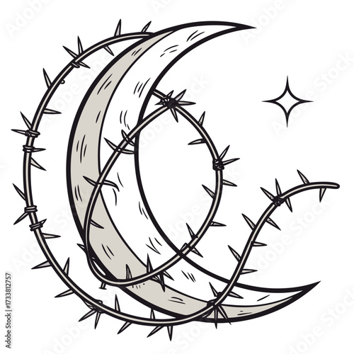 Crescent moon entwined with thorny vines and star thorns