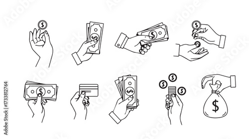 Collection of hand drawn money exchange and financial transaction icons in sketch style vector