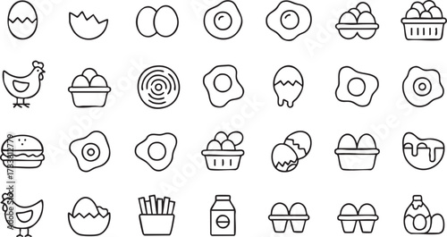 Egg and chicken vector line art icons collection with breakfast protein food and culinary elements