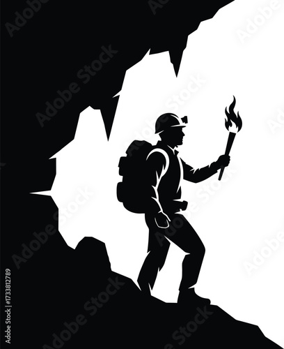 Bold black and white vector silhouette of an adventurous explorer, miner, or caver with a backpack and torch emerging from a dark cave opening, symbolizing discovery, search, and adventure.