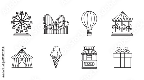 Carnival rides and attractions set featuring ferris wheel roller coaster carousel hot air balloon vector