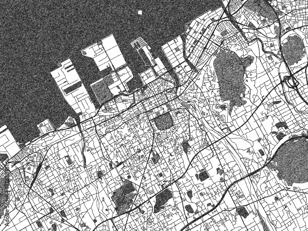 Fototapeta premium Poster-ready monochrome city map of Marugame, Japan, with detailed streets and rivers.
