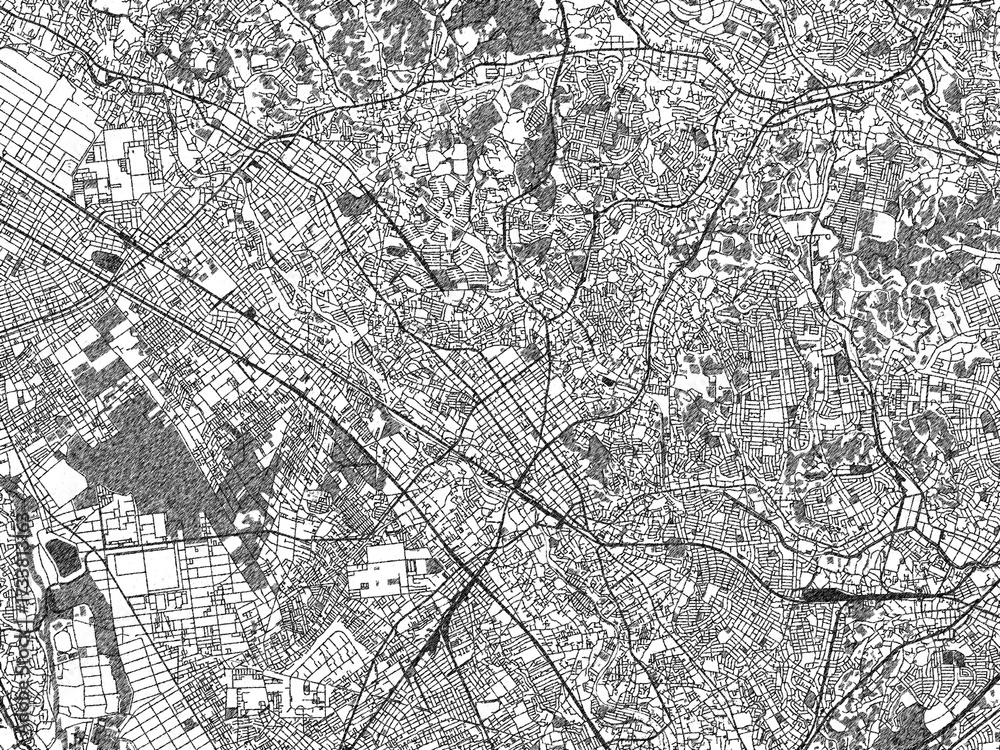 Naklejka premium City map illustration of Machida, Japan, rendered in black and white sketch style.