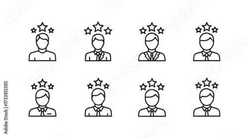 Eight hand drawn star rating business people icons representing customer service excellence and recognition vector