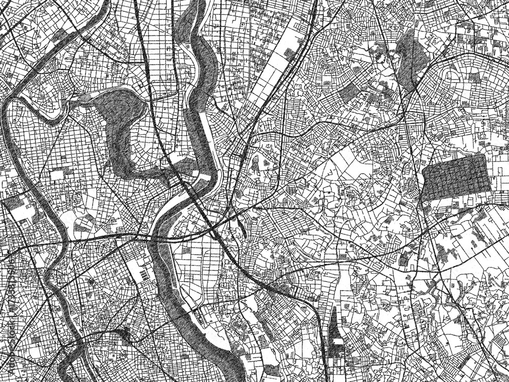 Obraz premium Stylized black and white urban map of Matsudo, Japan, hand-drawn style for decor and creative use.