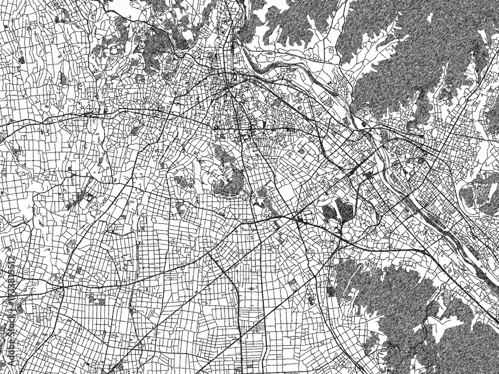 Fototapeta premium Artistic monochrome city map of Midori, Japan, created in a hand-drawn style.