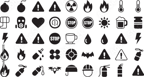 Danger and warning icons set in silhouette style with emergency safety and security design elements