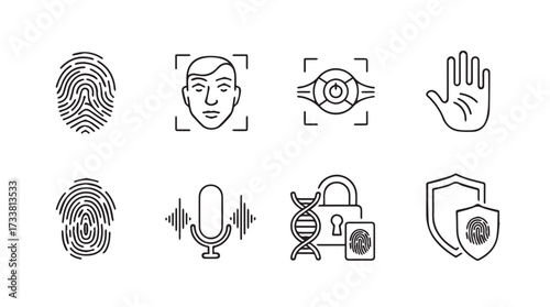 Collection of biometric security icons fingerprint face recognition dna lock shield and hand vector