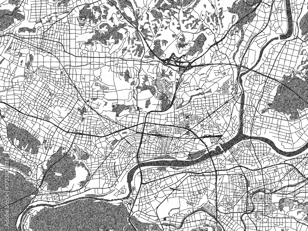 Naklejka premium Detailed black and white map of Minokamo, Japan, in artistic sketch style.
