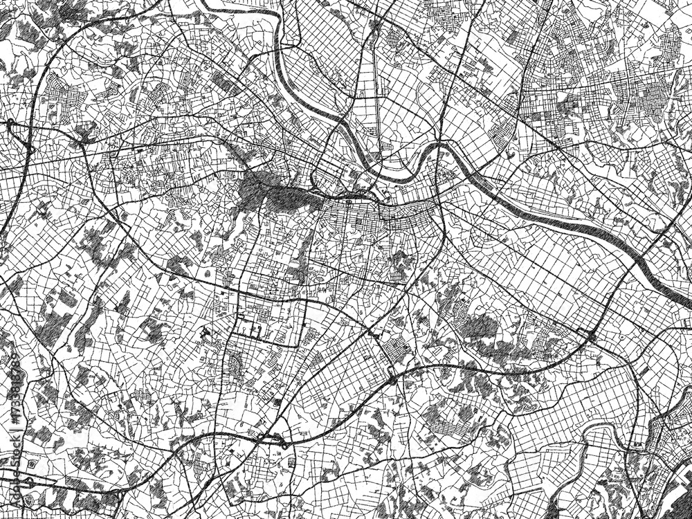 Fototapeta premium Hand-drawn style black and white city map of Mito, Japan, ready for wall art or editorial projects.