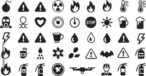 Warning vector silhouette icons set with hazard danger safety and emergency protective symbols