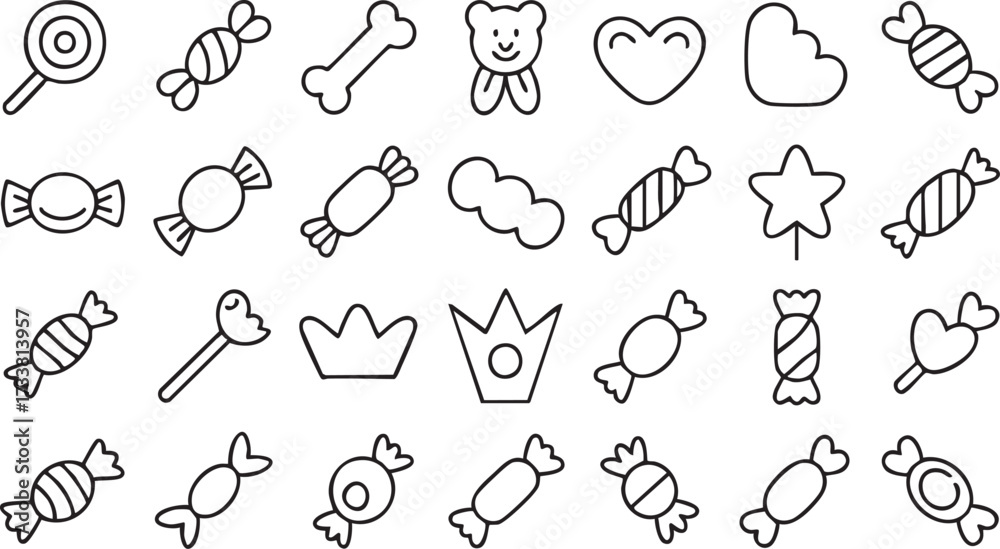 Obraz premium Confectionery outline icons pack with candy dessert chocolate and sweet snack illustration graphics