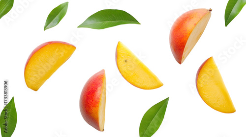mango slices and fresh green leaves artfully arranged for a refreshing tropical aesthetic, perfect for culinary and design projects,isolated on white background.