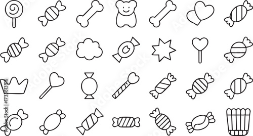 Sweet food vector icons set with candy lollipops marshmallows and celebration confectionery elements
