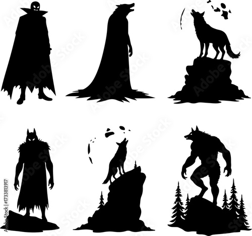 Halloween Monsters and Wolf Silhouettes