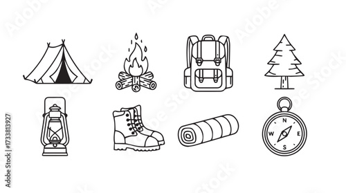 Outdoor camping gear icons collection for adventure and travel themes vector