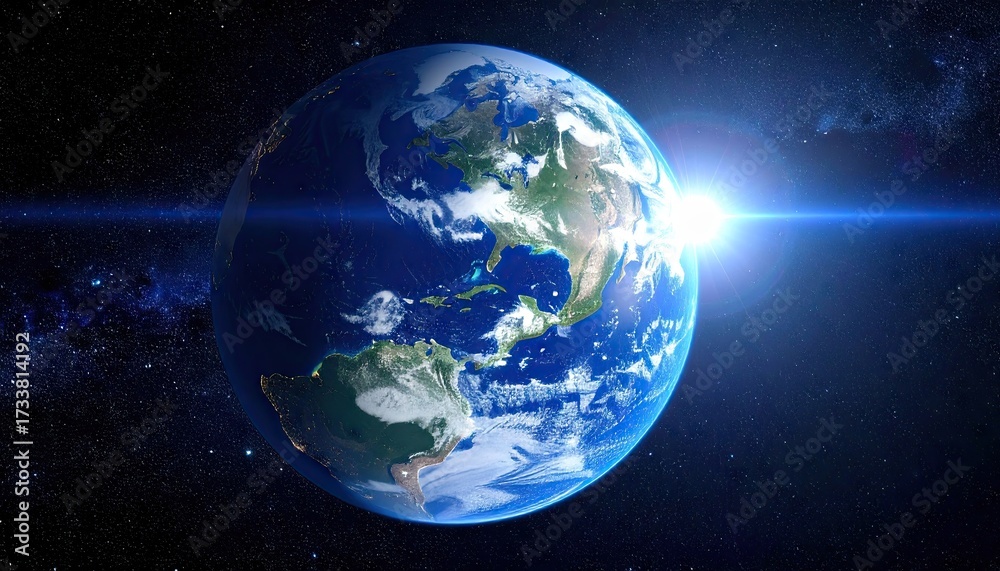 Obraz premium Blue Earth Globe Rotating in Space with City Lights and Bright Sun Flare