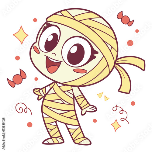 Cute mummy character wrapped in bandages with candy