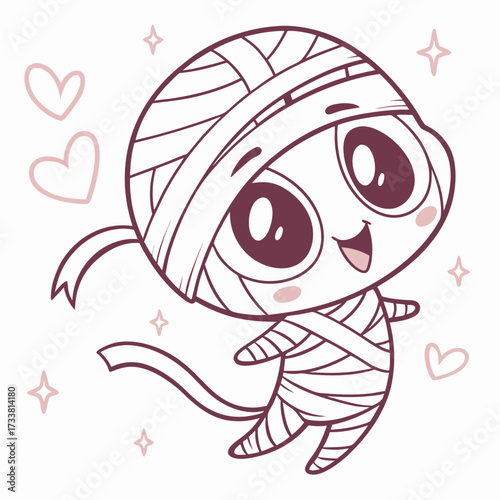 Cute mummy character wrapped in bandages with hearts and stars