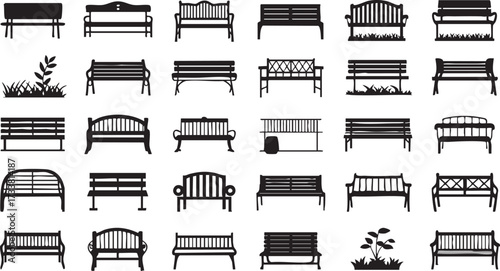 Garden bench icons pack with silhouette park furniture and outdoor relaxation seating elements