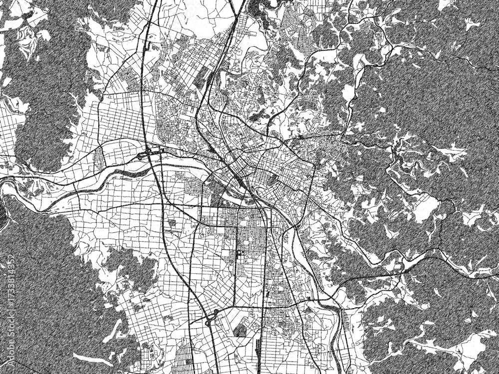 Naklejka premium Poster-ready black and white illustration map of Morioka, Japan, detailed and artistic.