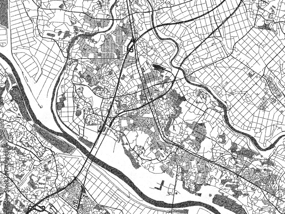 Naklejka premium Illustrated map of Moriya, Japan, in black and white hand-drawn digital style.
