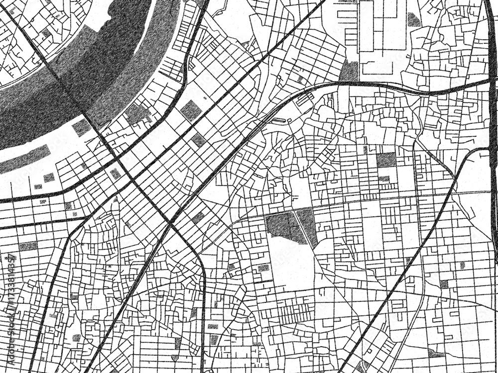 Obraz premium Illustrated city map of Moriguchi, Japan, in black and white, showing roads and textures.