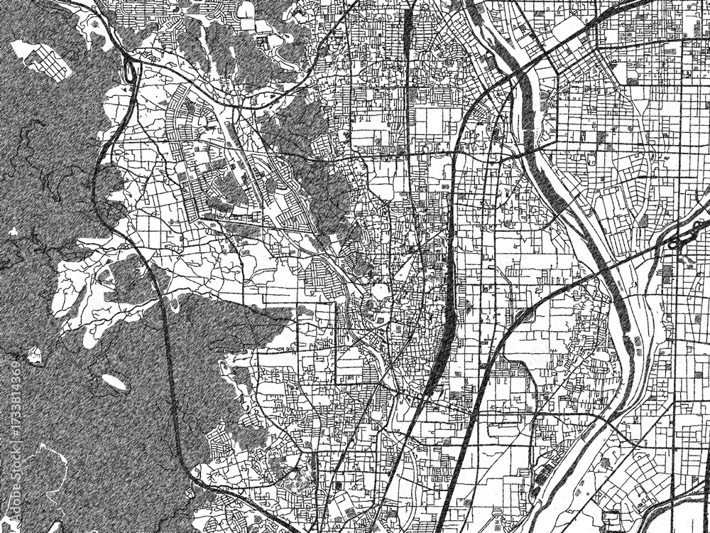 Obraz premium Black and white cartographic illustration of Muko, Japan, in hand-drawn sketch form.