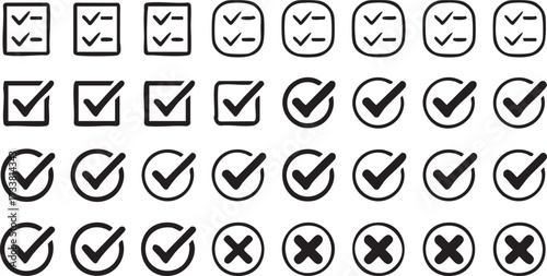 Approval outline icons pack with checkmarks tasks validation and productivity design elements