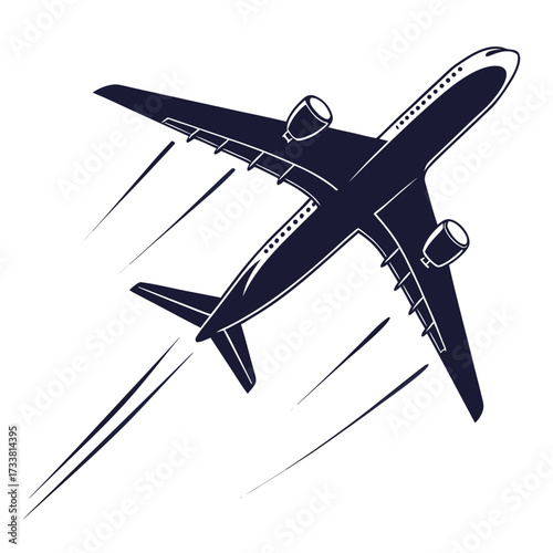 Dark blue airplane in flight on white background aircraft