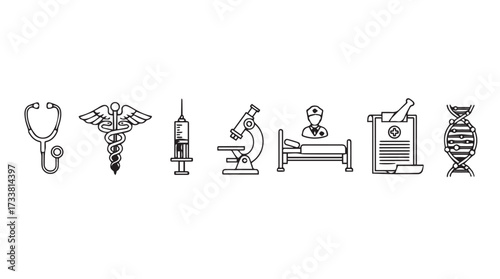 Set of medical icons featuring stethoscope caduceus syringe microscope hospital bed dna helix vector