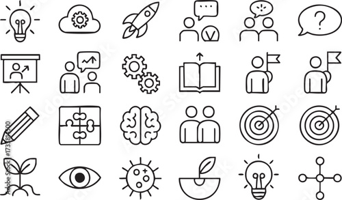 Business innovation line art icons set with leadership teamwork and corporate strategy illustrations