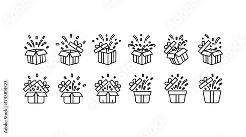 Set of 10 hand-drawn gift boxes with confetti explosions celebrating joy and surprise vector
