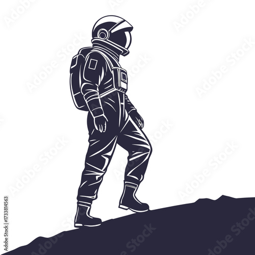 Dark blue astronaut silhouette walking uphill on rocky terrain