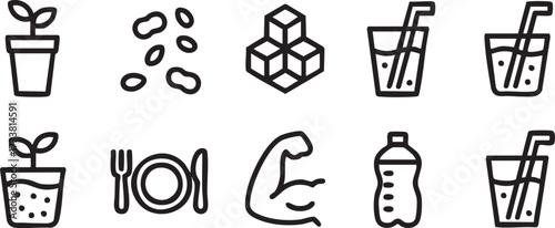Wellness nutrition icons collection with line art meals drinks supplements and fitness body strength
