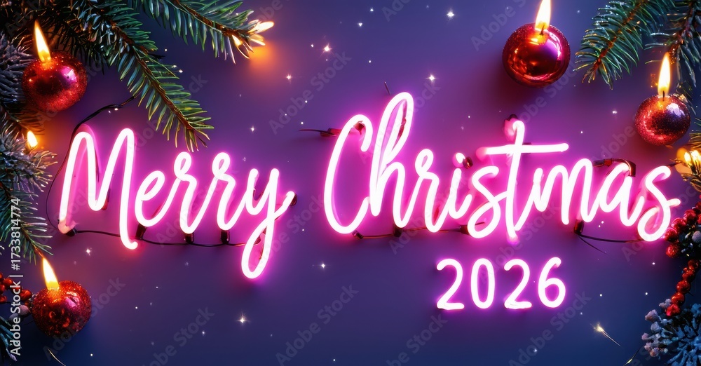 Fototapeta premium Bright neon sign displays Merry Christmas 2026. Festive decorations include pine branches, red ornaments, glowing lights. Purple background enhances holiday spirit.