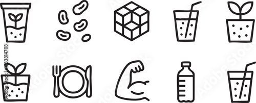 Nutrition vector line icons set with healthy food drink and fitness wellness illustration elements
