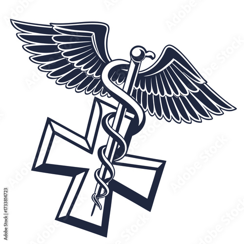 Dark blue caduceus symbol on white star of life medical symbol