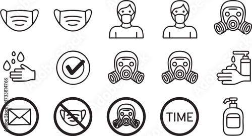 Healthcare line art icons pack with masks soap hand washing and safety equipment illustrations