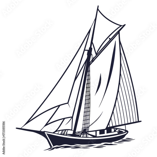 Dark blue sailboat with full sails on white background