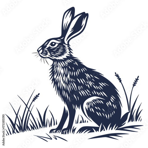 Dark blue rabbit silhouette sitting in grass hare navy