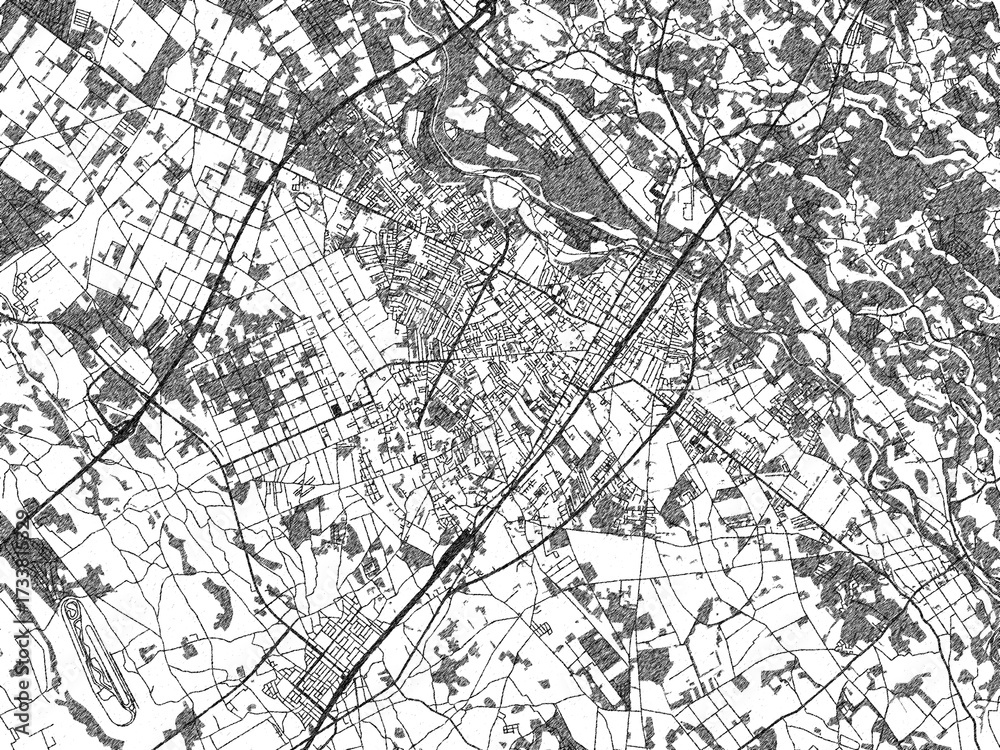 Obraz premium Detailed artistic sketch map of Nasushiobara, Japan, in monochrome black and white.