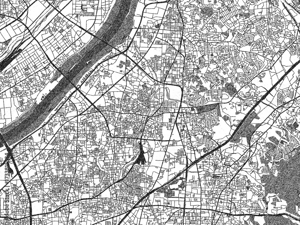 Naklejka premium Urban black and white map of Neyagawa, Japan, designed in a sketch style for prints.