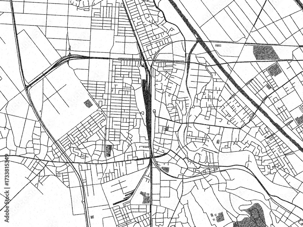 Naklejka premium Poster-ready monochrome city map of Niitsu-honcho, Japan, with detailed streets and rivers.